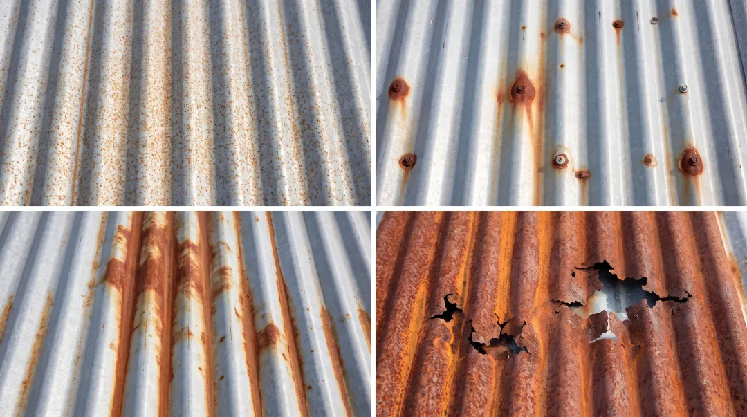 Metal roof rust progression from surface spots to perforation