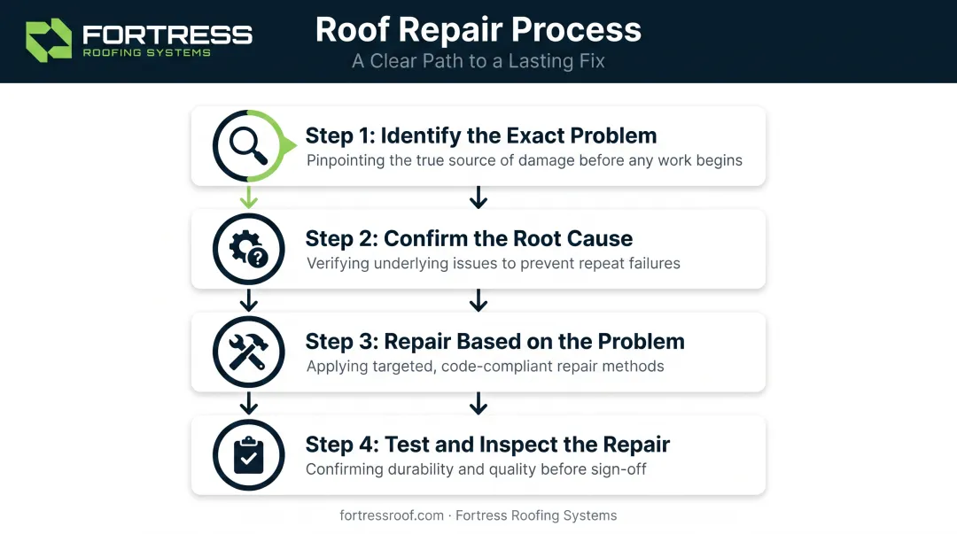 Four-step fascia and soffit repair workflow from diagnosis to inspection