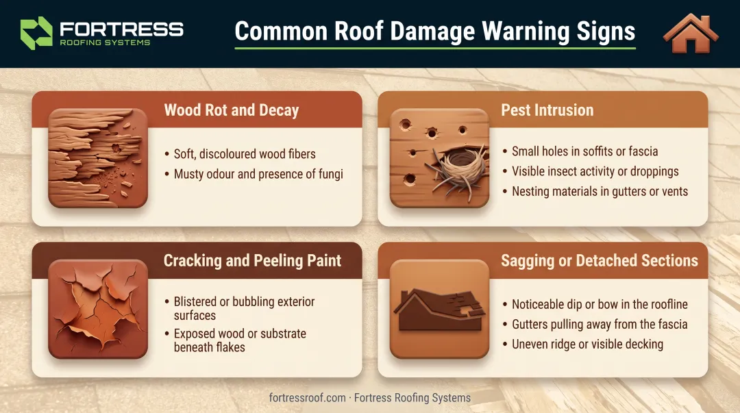 Four common fascia and soffit damage types with symptoms comparison