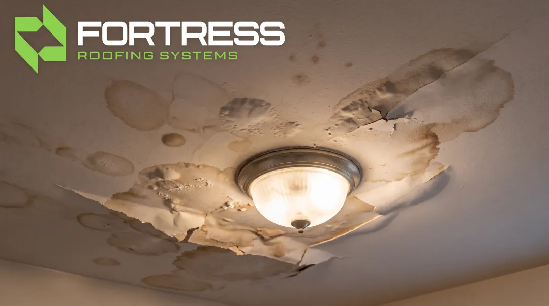 Ceiling water stain with bubbling paint near light fixture