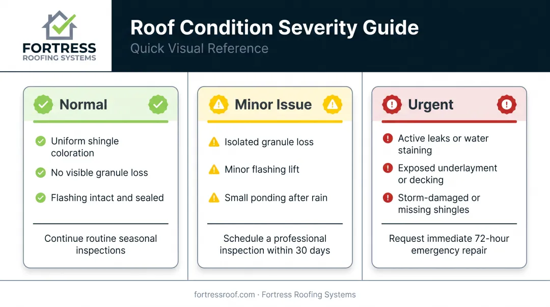 Roof damage severity chart from normal wear to urgent repair