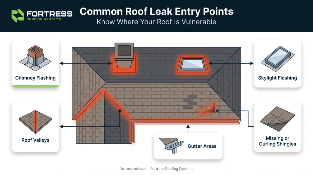Common roof leak entry points around flashing chimneys and valleys