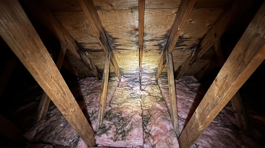 Attic insulation showing moisture damage and dark staining on rafters