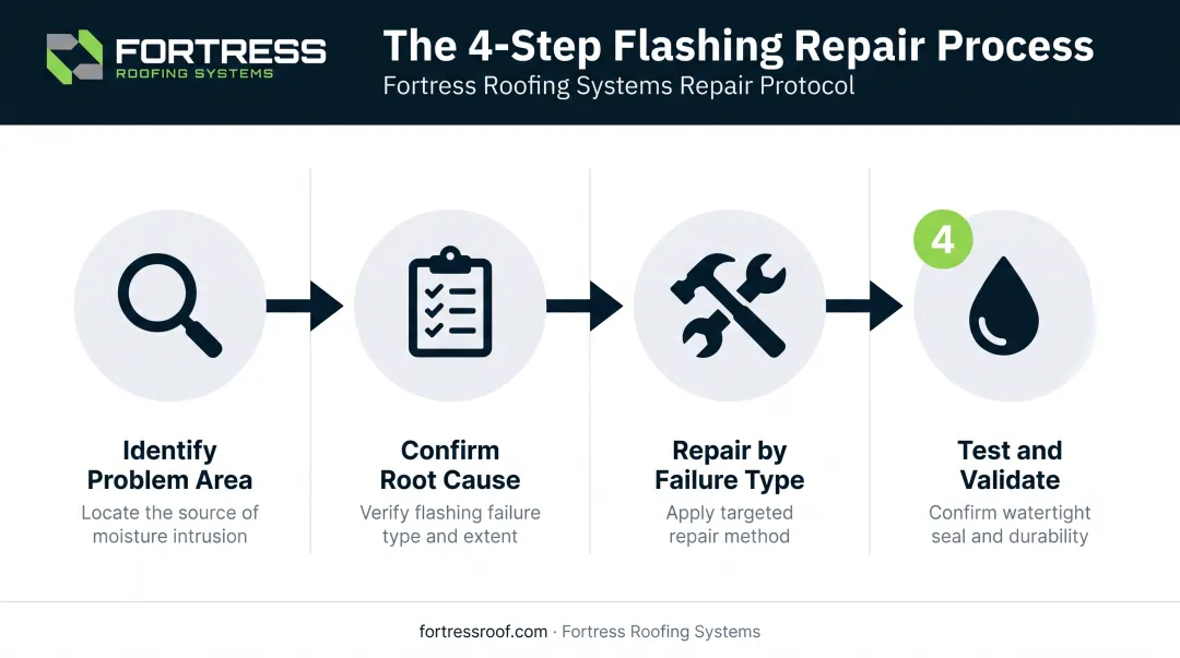 4-step roof flashing repair process from diagnosis to testing