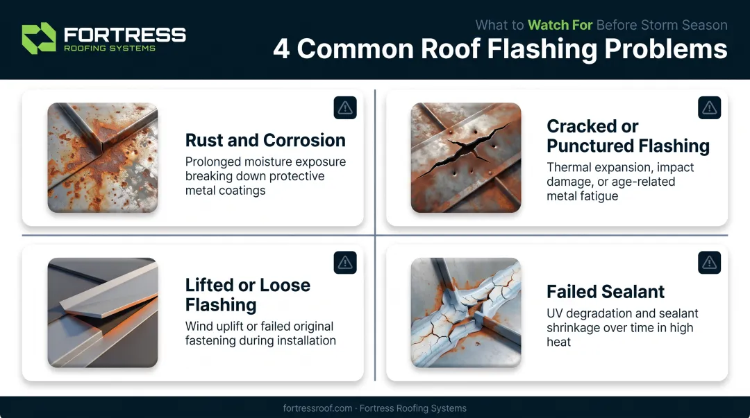 Common roof flashing failure types with symptoms and causes chart