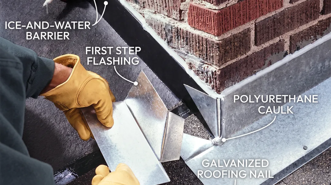 Close-up of properly installed metal roof flashing at chimney joint
