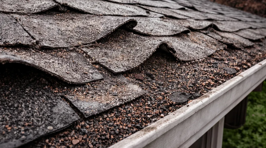Weathered aging roof shingles showing granule loss and wear patterns