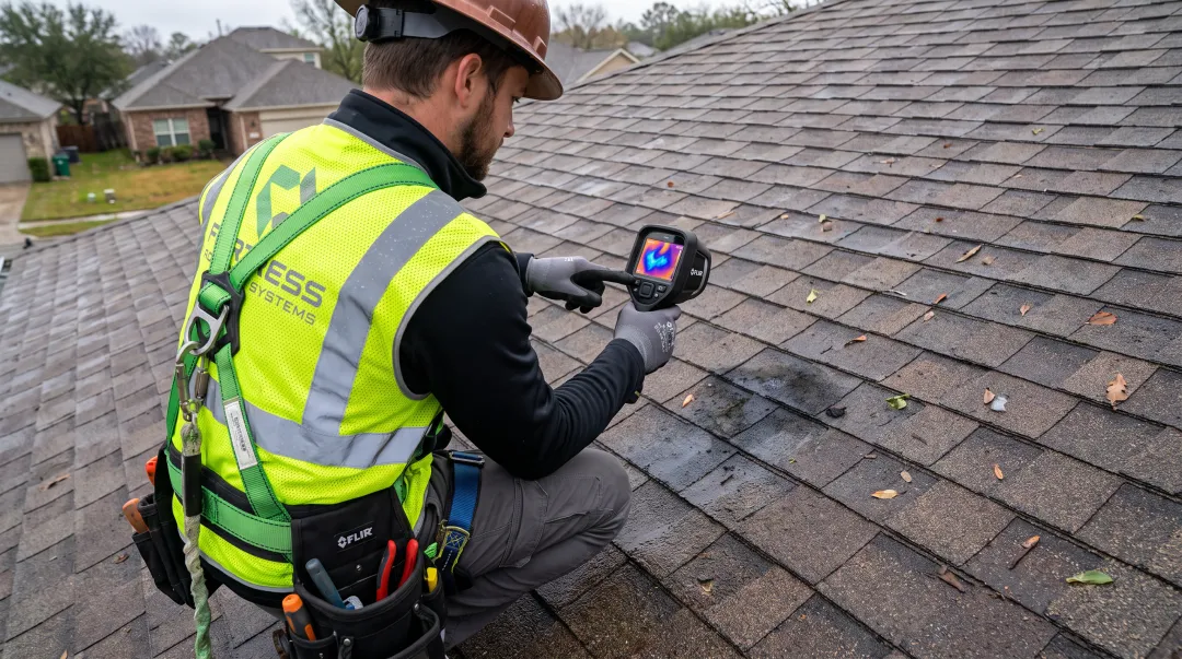 Roofing contractor using infrared thermal imaging to detect hidden roof leak damage