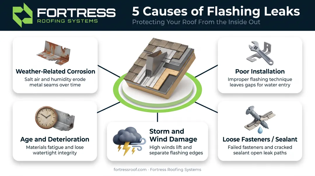 Five common causes of roof flashing leaks diagram