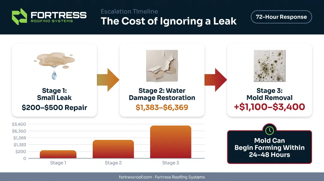 Cost escalation timeline from flashing leak to structural water damage