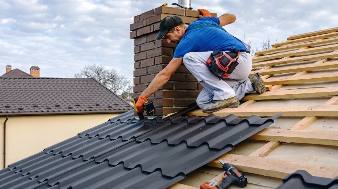 Fortress Roofing Systems technician inspecting storm-damaged roof flashing