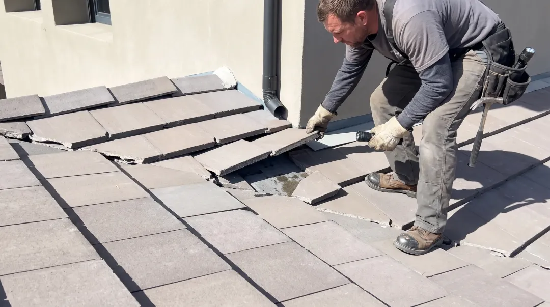 Worker inspecting concrete tile roof underlayment for water damage