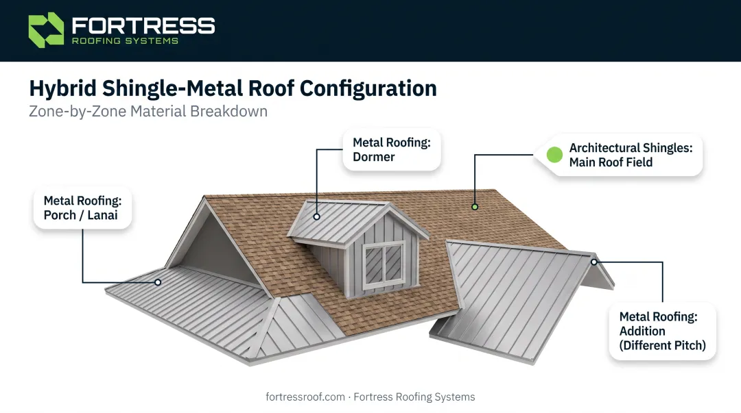 Hybrid roof diagram showing metal placement on porches dormers and edges