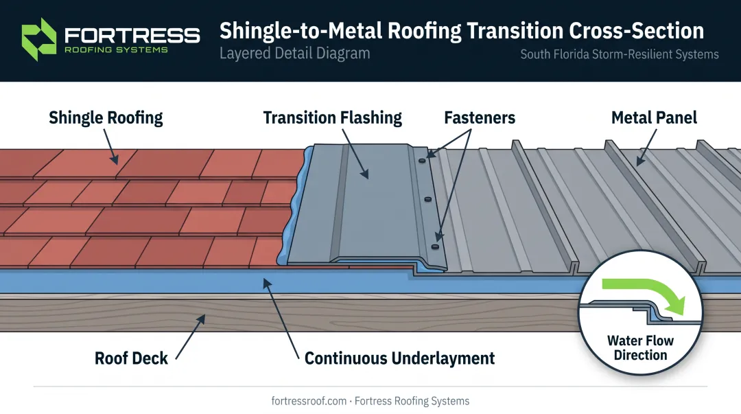 Shingle to metal roof transition flashing and underlayment cross-section diagram
