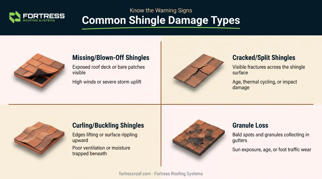 Four common asphalt shingle damage types with symptoms and causes