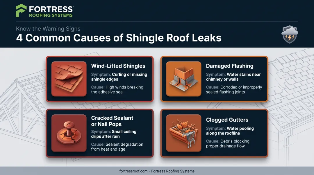 Four common causes of shingle roof leaks with symptoms diagram