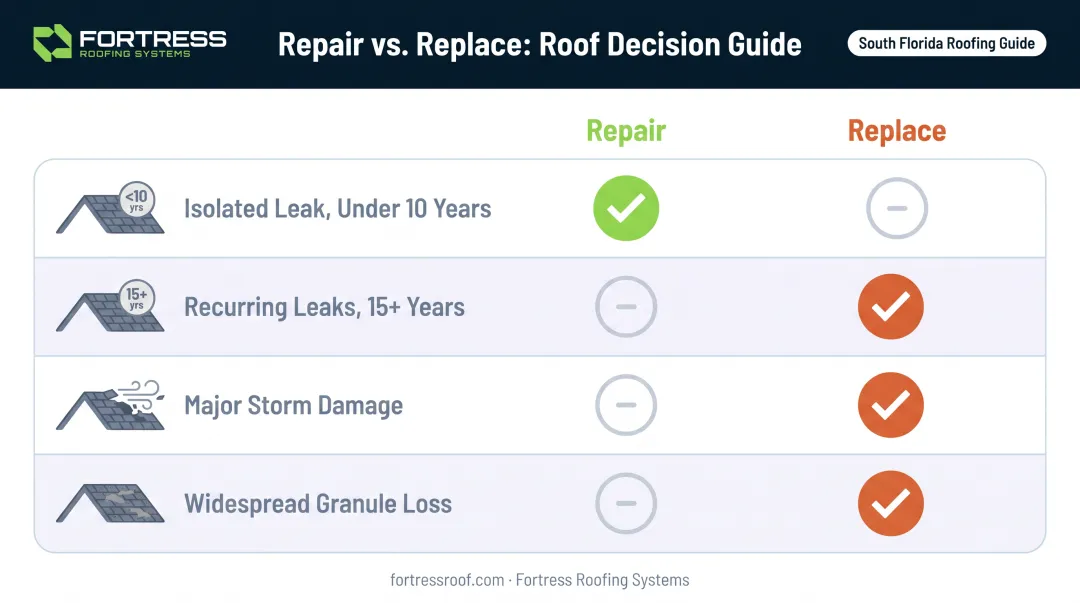 Repair versus replace shingle roof decision comparison chart by scenario