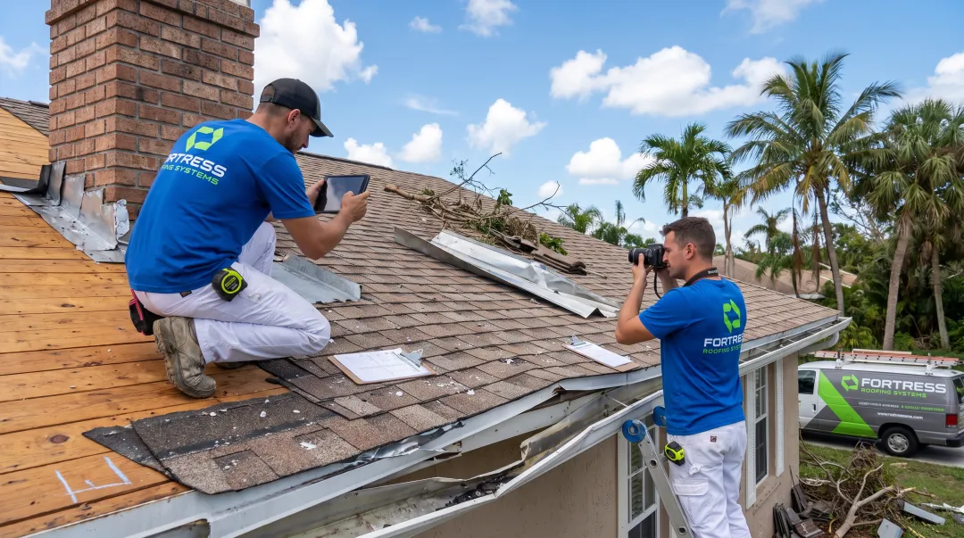 Fortress Roofing Systems inspection team documenting storm damage on roof