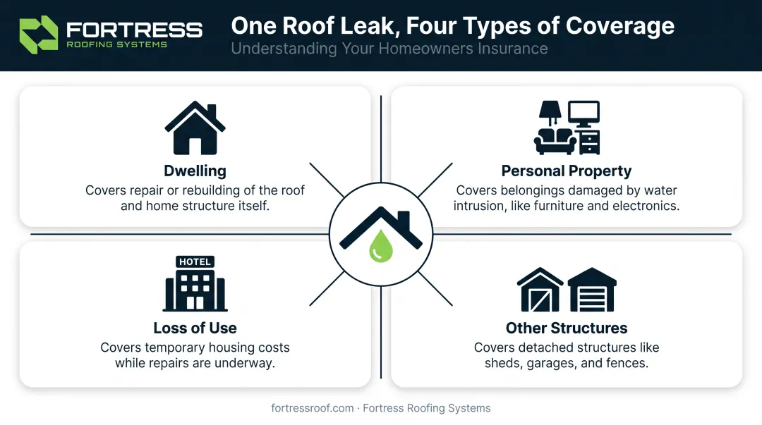 Four homeowners insurance coverage types triggered by a single roof leak