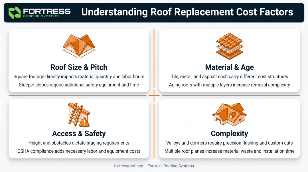 Four factors affecting South Florida roof inspection cost with icons and descriptions
