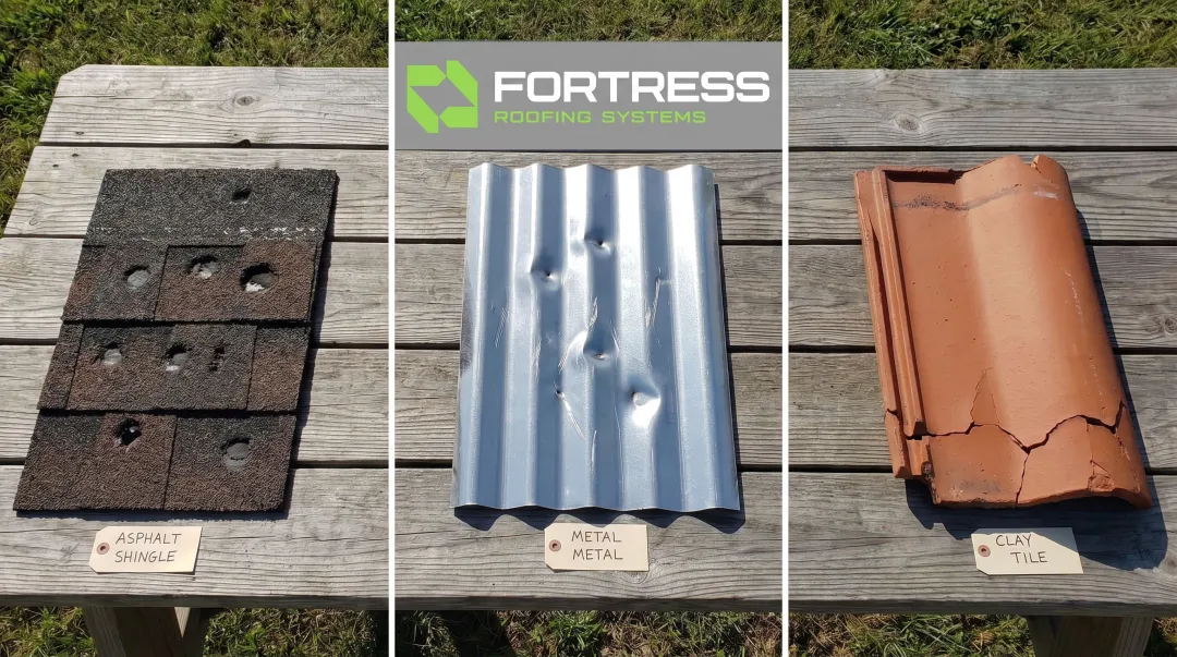 Hail damage signs on asphalt shingles tile and metal roofing