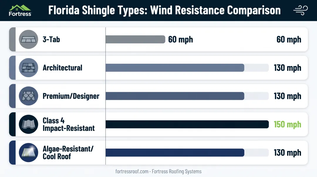 Comparison chart of Florida shingle types by wind rating and durability