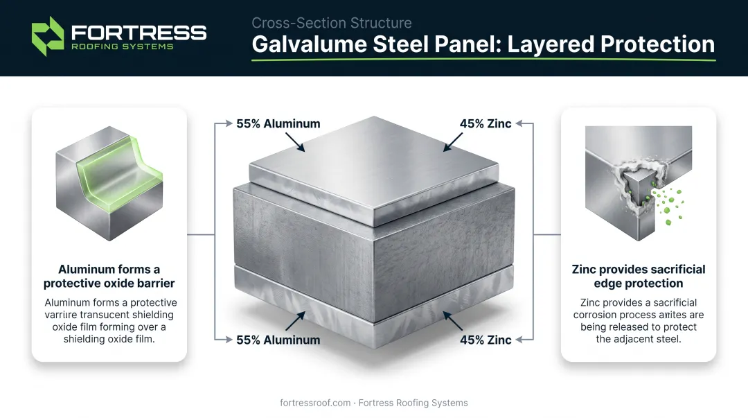 Galvalume coating composition showing 55 percent aluminum 45 percent zinc structure