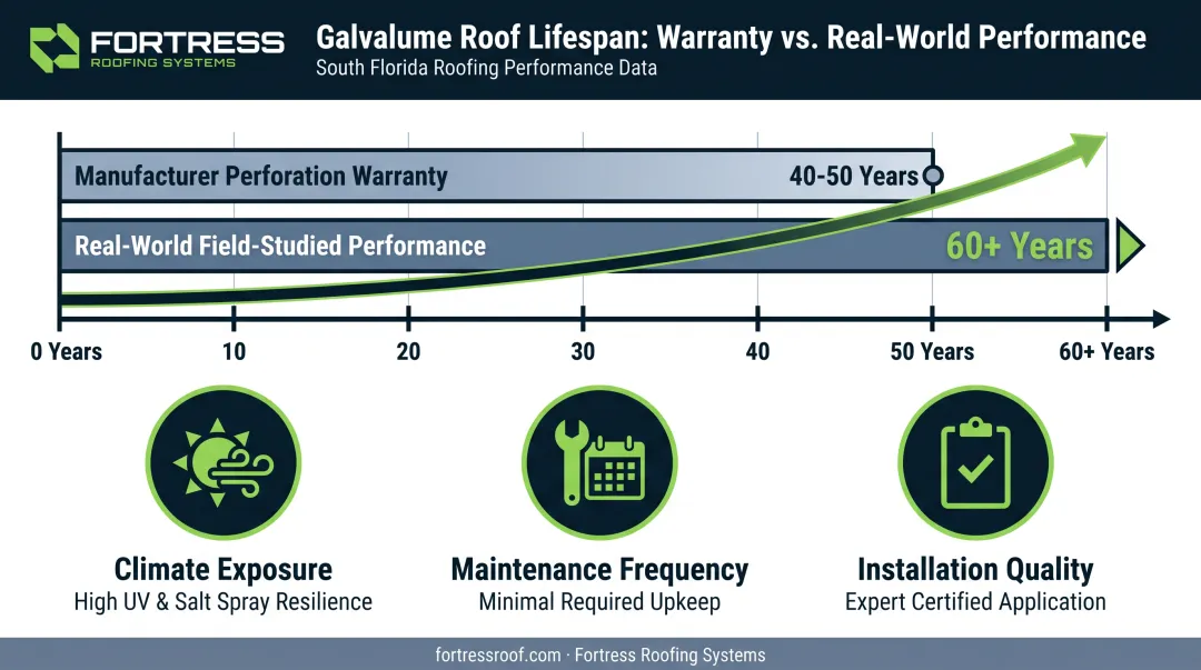 Galvalume roof lifespan timeline comparing warranty coverage to real world performance