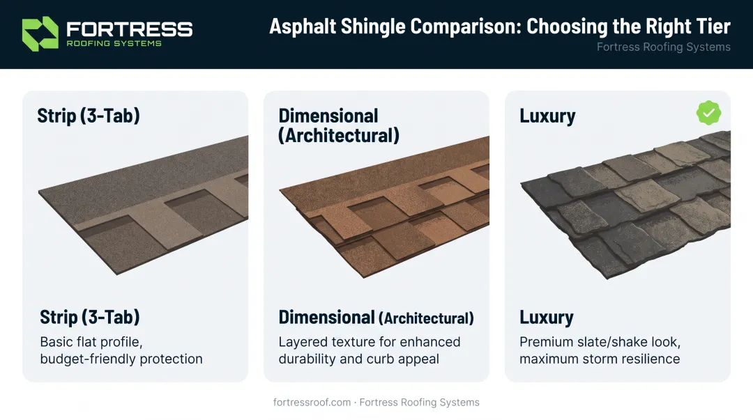 Three types of asphalt shingles comparison strip dimensional luxury