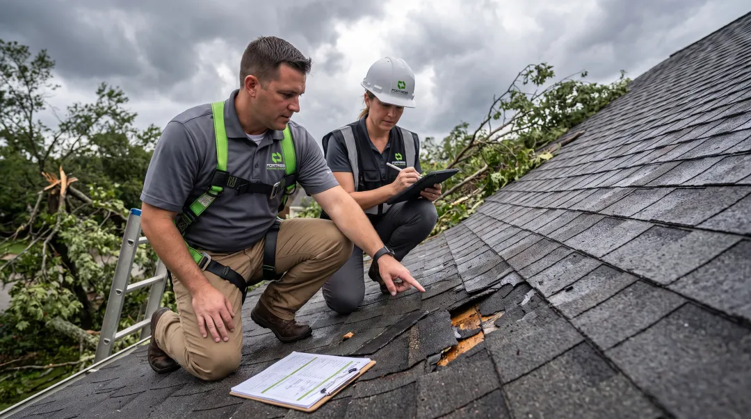 Fortress Roofing technician meeting insurance adjuster during roof inspection