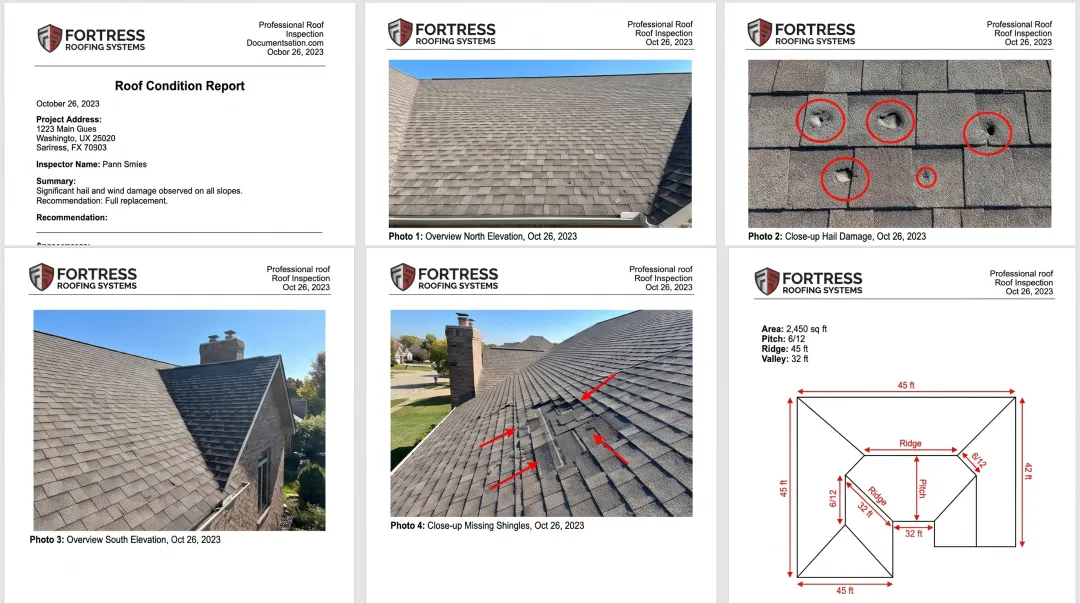 Professional roof inspection documentation showing detailed photographs and written condition report