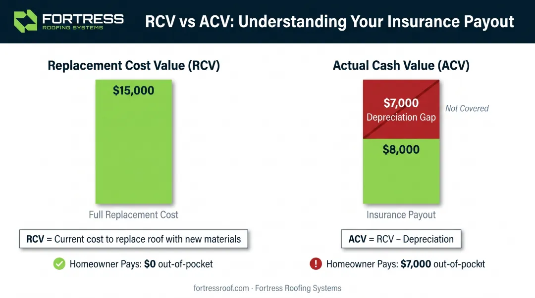 Replacement cost value versus actual cash value coverage comparison showing payout differences