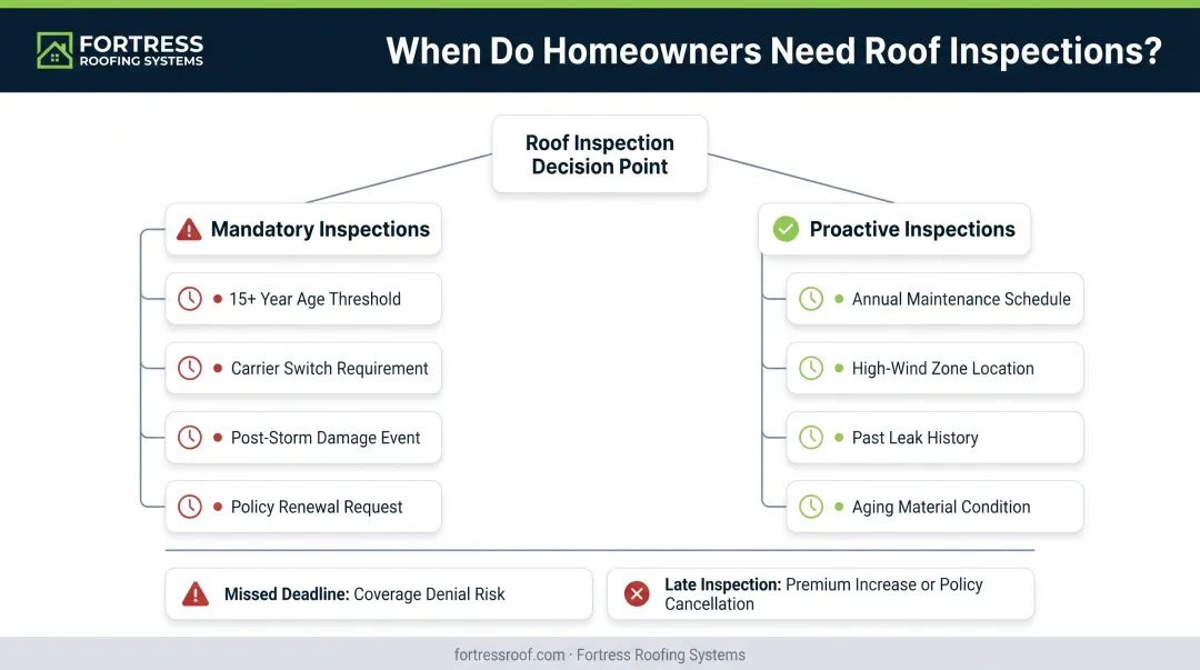 Insurance roof inspection timing decision tree showing mandatory versus proactive inspection scenarios