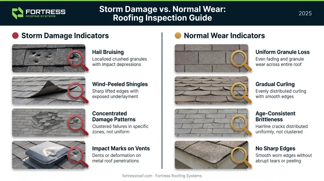 Storm damage versus normal wear comparison showing visual indicators insurers evaluate