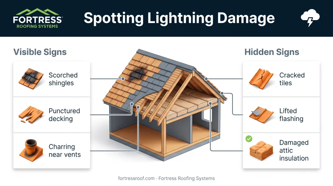 Visible versus hidden lightning roof damage signs checklist infographic