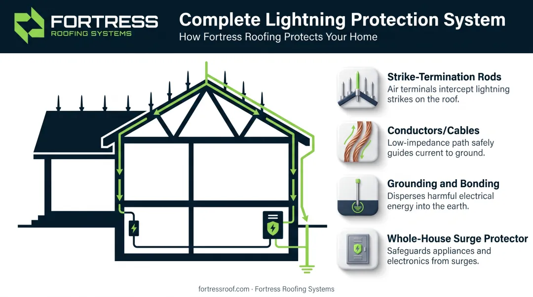 Layered lightning protection system components from termination to grounding