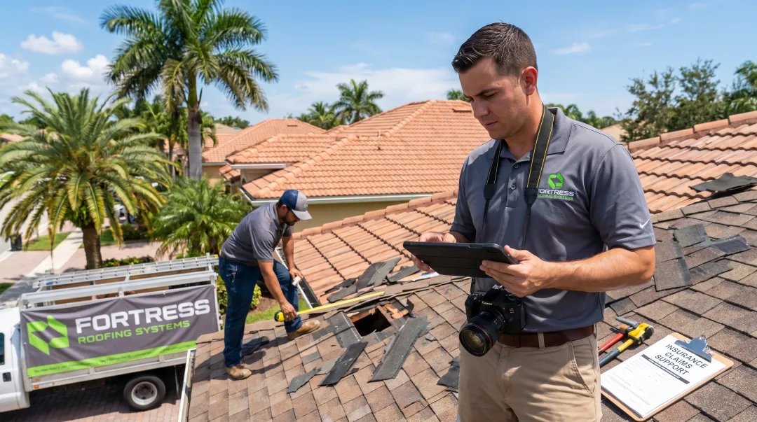 Fortress Roofing Systems team performing professional roof damage assessment for insurance claim documentation