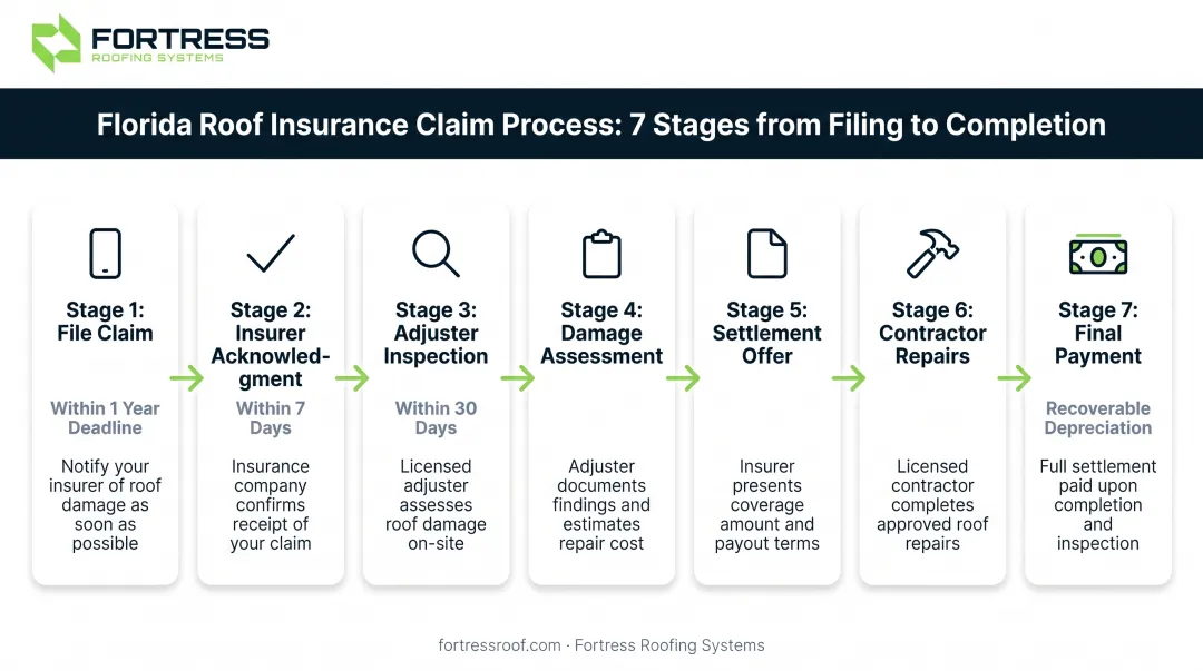 7-step Florida roof insurance claims process timeline from filing to final payment