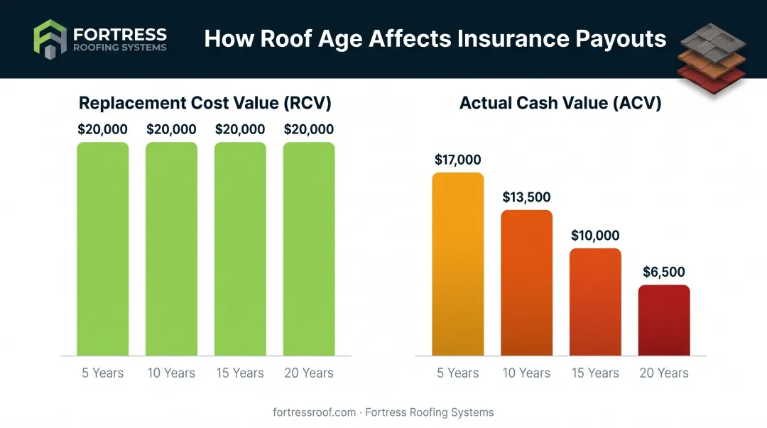 Roof age versus insurance payout comparison showing RCV and ACV payments over 20 years