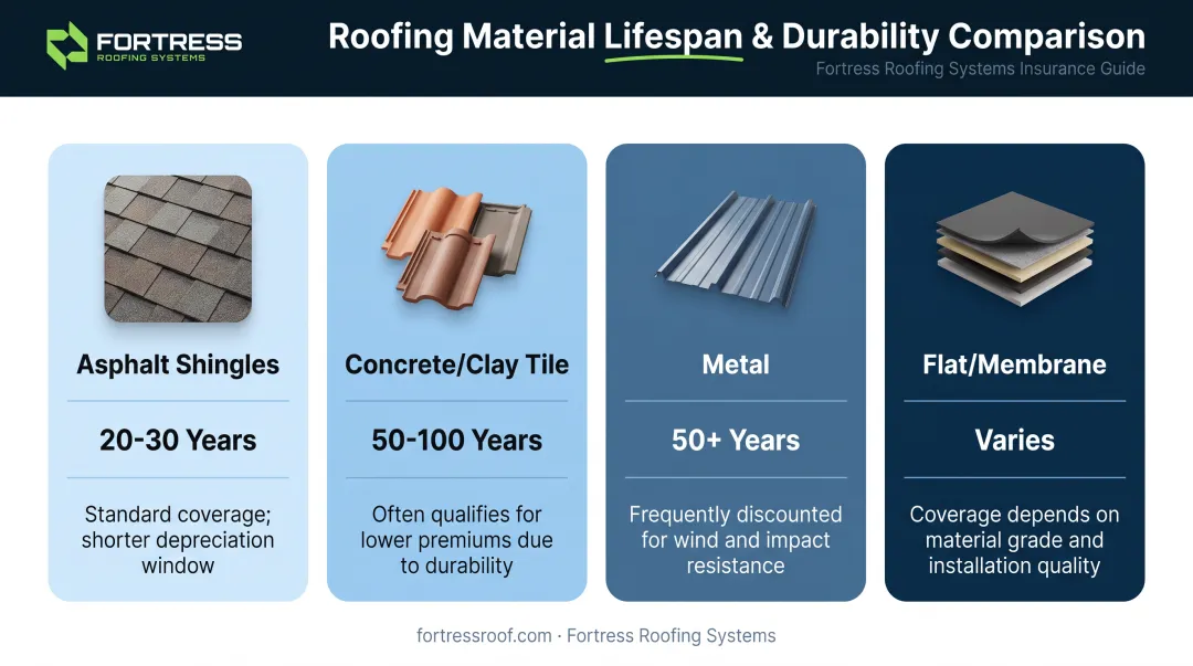 Comparison of roof material lifespan and insurance considerations chart