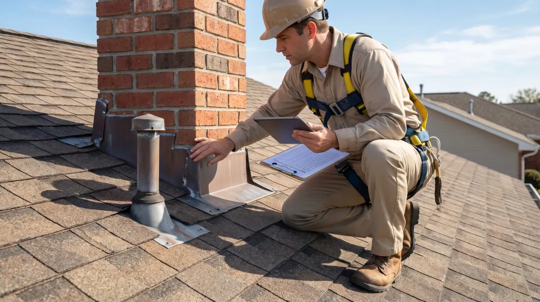 Home inspector examining roof shingles during four point inspection
