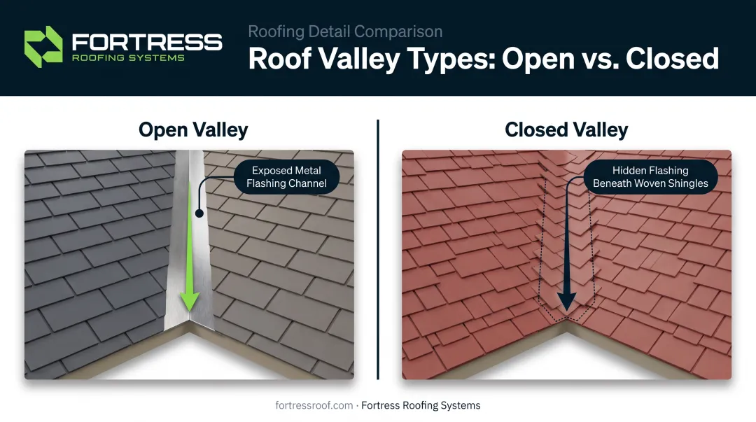 Open versus closed roof valley construction comparison diagram
