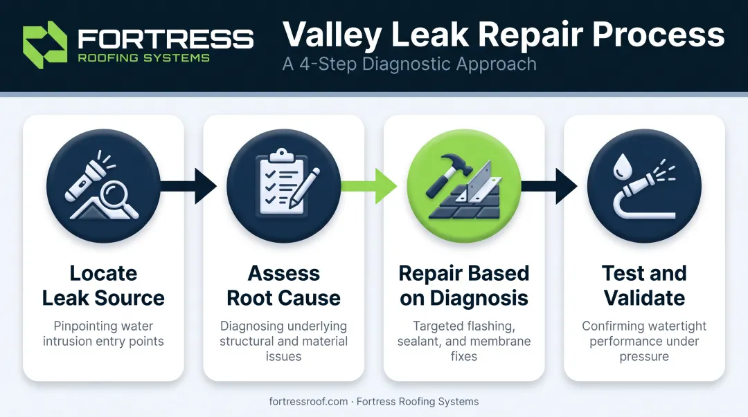 4-step roof valley leak repair process from diagnosis to testing