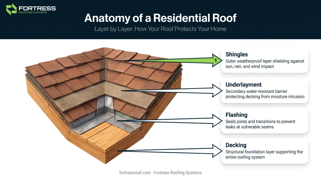 Roof layer diagram showing shingles underlayment flashing and decking