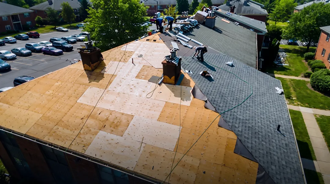 Certified installer securing metal roofing shingles on residential roof