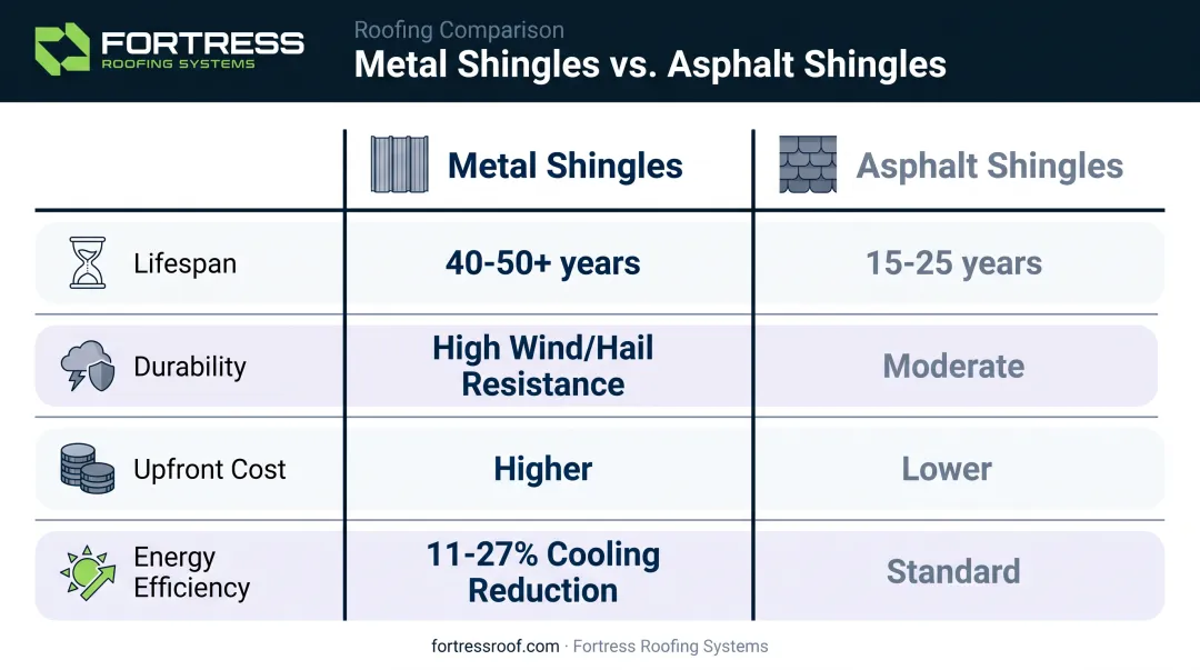 Metal versus asphalt shingles comparison chart for durability cost and efficiency