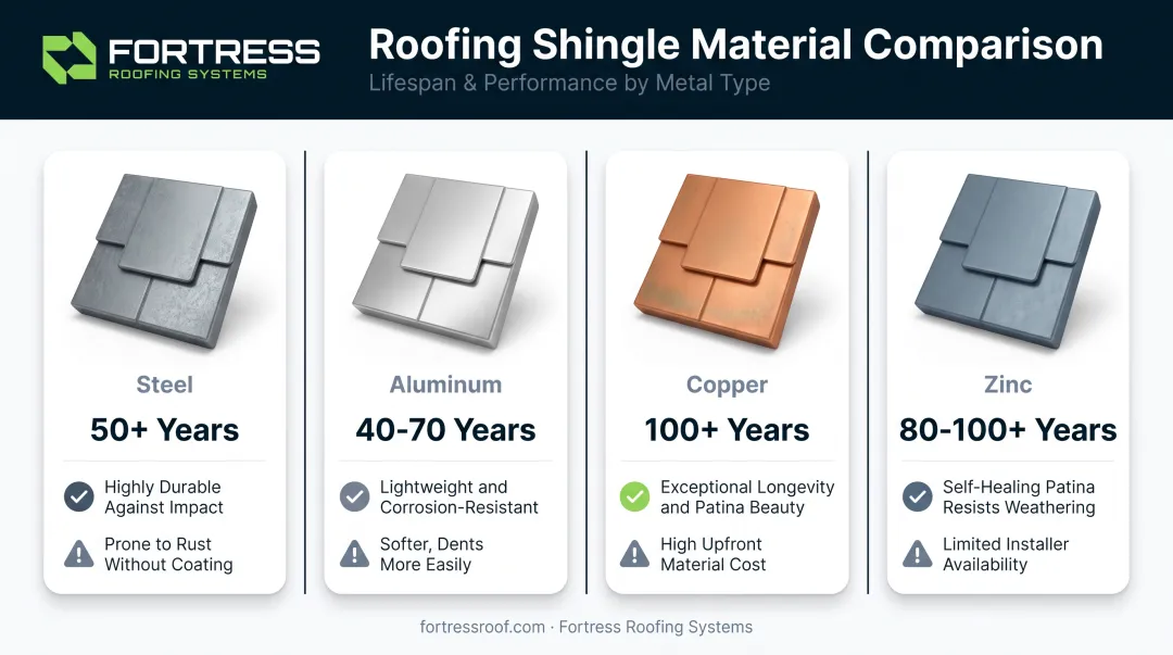 Comparison of steel aluminum copper and zinc metal shingle lifespans