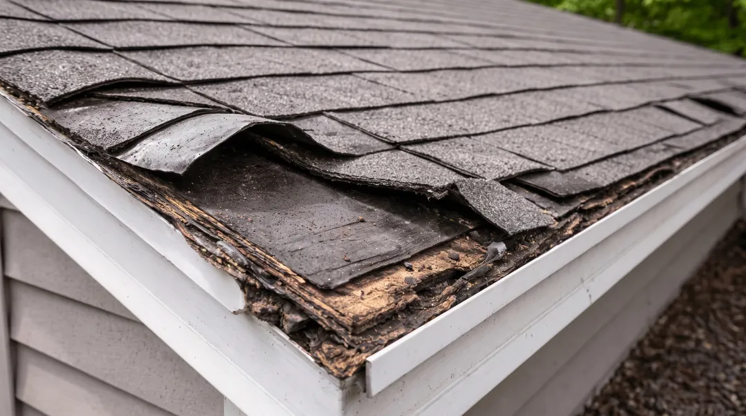 Wind-damaged asphalt shingle roof with visible lifted and missing sections