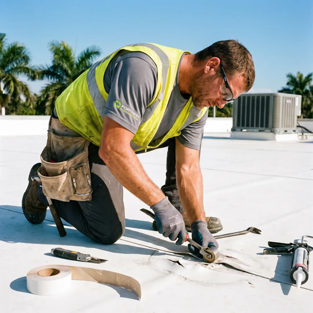 Roofing professional repairing a flat roof seam