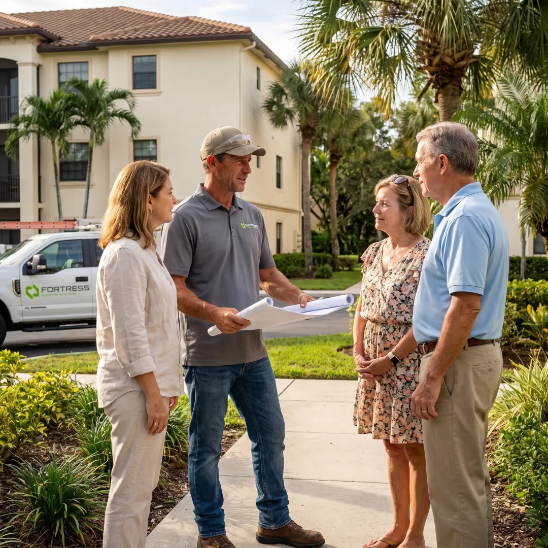 Roofing professional reviewing a condo roof plan